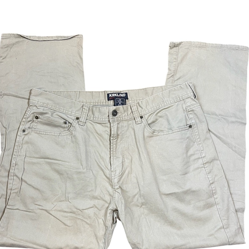Kirkland Signature Mens 36x30 Tan Khaki 5-Pocket Stretch Cotton Straight Pants